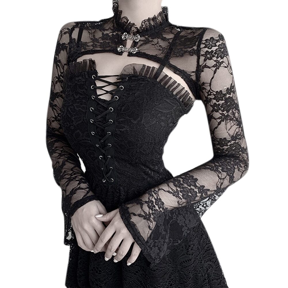 3247 Sexy Gothic Long Sleeve Lace Shrug Sweatshirts Retro Steampunk Crop